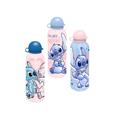 Três garrafas de alumínio com personagens do Stitch em azul e rosa com tampas coloridas