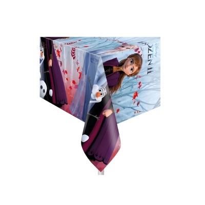 Toalha de mesa com estampa de Frozen II, personagens Anna e Olaf, cores azul, roxo e vermelho