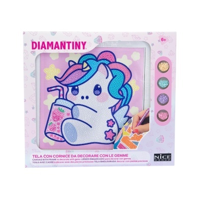 Kit Diamantiny com tela e pedras brilhantes para decorar com desenho de unicórnio colorido