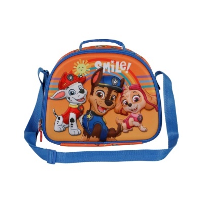 Mochila infantil azul e laranja com desenhos de cães e texto Smile!