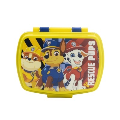 Estojo escolar amarelo com personagens da série PAW Patrol e texto RESCUE PUPS