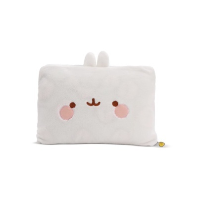 Almofada branca retangular com rosto desenhado e duas orelhas pequenas no topo