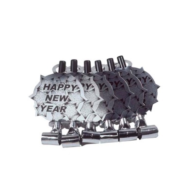 Apitos metálicos prateados com estrelas e texto Happy New Year