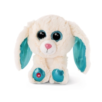 Pelúcia coelho creme com detalhes azuis metálicos e olhos grandes pretos
