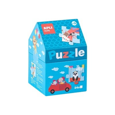 Embalagem em forma de casa azul com puzzle para crianças da APLI Kids