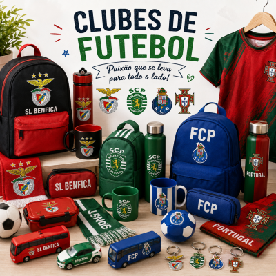 Produtos de merchandising dos clubes de futebol SL Benfica, Sporting, FCP e seleção de Portugal organizados sobre uma superfície de madeira