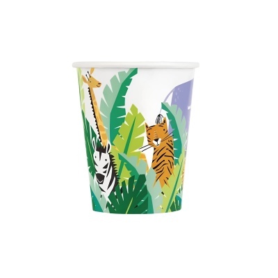 Copo descartável com ilustrações de animais e folhas verdes