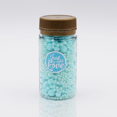 Frasco transparente com bolinhas azuis e tampa marrom