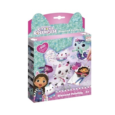 Caixa do jogo Gabby's Dollhouse Diamond Painting com ilustração de gatos brancos e personagens de desenho animado.