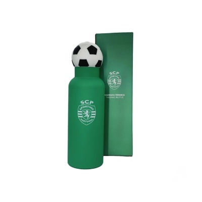 Garrafa térmica verde Sporting com tampa de bola de futebol e caixa verde