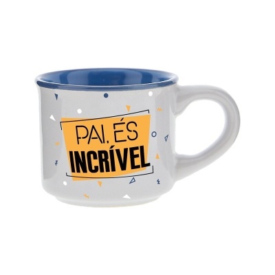 Caneca cinza com interior azul e texto 'PAI, ÉS INCRÍVEL'