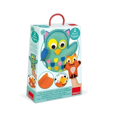 Caixa com 2 fantoches de mão de coruja azul e raposa laranja em feltro