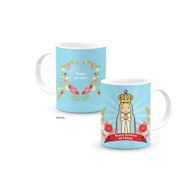 Canecas brancas com fundo azul claro e ilustrações religiosas e florais.