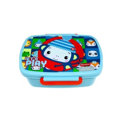 Lancheira infantil azul com personagem de desenho animado e texto LET'S PLAY