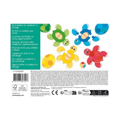 Embalagem de jogo de puzzle infantil com tartarugas coloridas para montar.