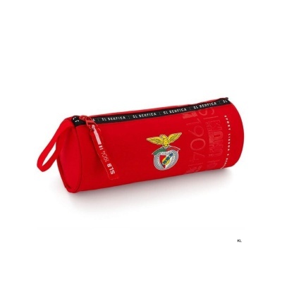 Estojo cilíndrico vermelho com fecho e logótipo do Benfica