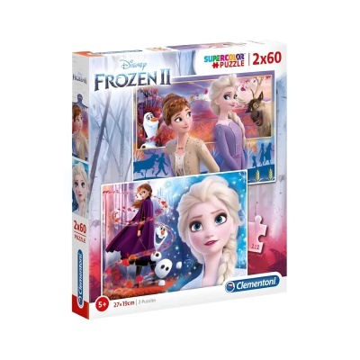 Caixa do puzzle Disney Frozen II com imagens de personagens Anna, Elsa, Olaf e Sven.