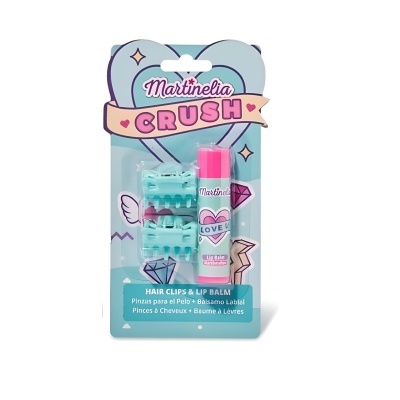 Conjunto Martinelia Crush com 2 pinças de cabelo azuis e um bálsamo labial rosa em embalagem