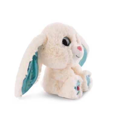 Peluche coelho creme com orelhas azuis e nariz cor-de-rosa