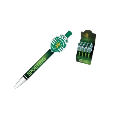 Esferográfica verde do Sporting Clube de Portugal com emblema e caixa de exposição