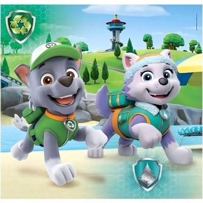 Dois cães de desenho animado com coletes verdes correndo numa praia com cenário de árvores e torre ao fundo.