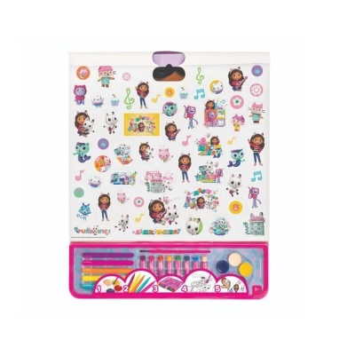 Conjunto para pintar com personagens de desenhos animados, lápis de cor e tinta em embalagem colorida.