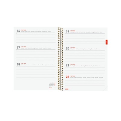 Agenda semanal branca com espiral mostrando datas de 16 a 22 de março de 2020.