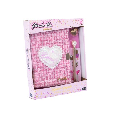 Diário secreto rosa com capa texturizada, caneta e acessórios em caixa