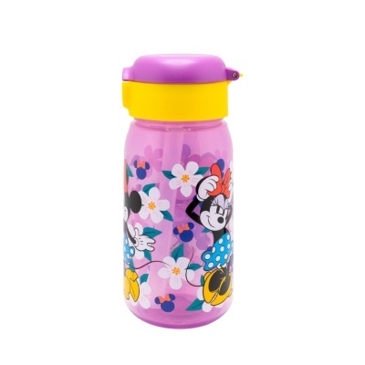Garrafa rosa com tampa roxa e amarela e personagens Minnie e Mickey