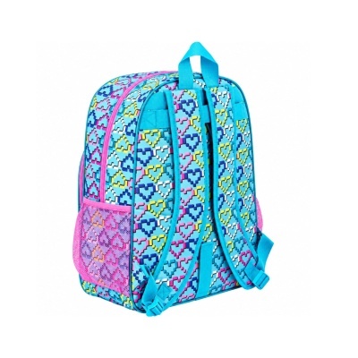 Mochila infantil padrão corações pixels azul e rosa