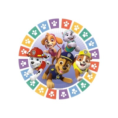 Imagem redonda com personagens de cães animados e blocos coloridos com pegadas brancas