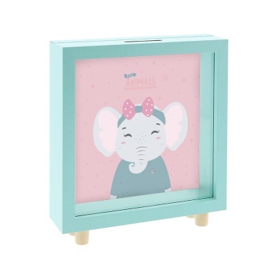 Cofre azul claro com desenho de elefante em fundo rosa