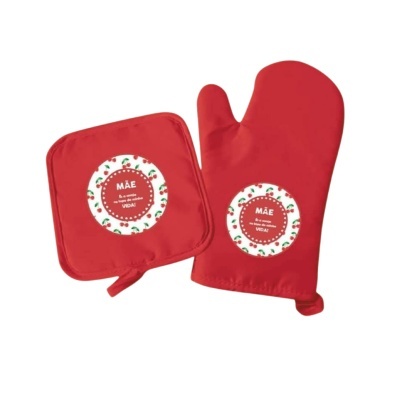 Luva e pega-látex vermelhos com estampas e texto para mãe