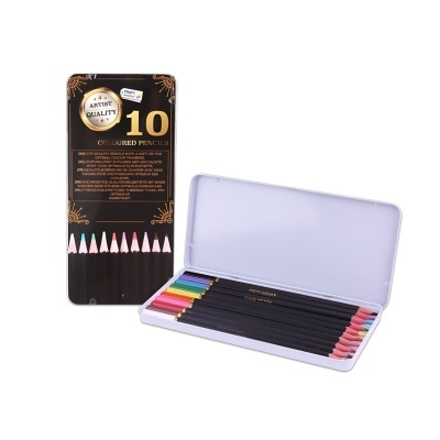 Conjunto de 10 lápis de cor em caixa metálica branca com embalagem preta e dourada