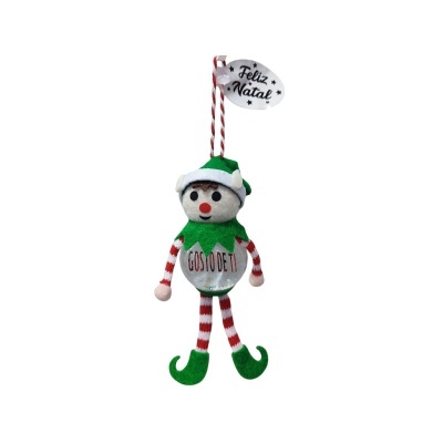 Boneco decorativo de natal em tecido com padrão às riscas vermelho e branco e frase 'GOSTO DE TI'.