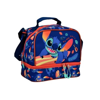 Mala azul com estampa do Stitch e texto