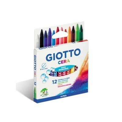 Caixa de 12 pastilhas de cera Giotto coloridas para desenhar.