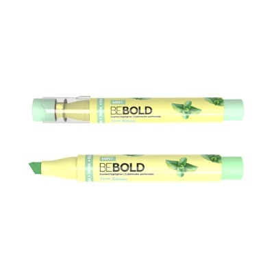 Marcador amarelo claro com tampa verde e texto BE BOLD Mint