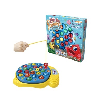 Jogo de pesca infantil com peixes coloridos e caixa de embalagem