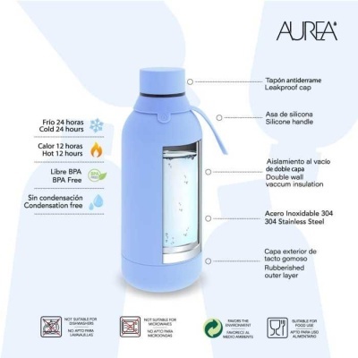 Garrafa térmica azul AUREA com isolamento e tampa antiderrame