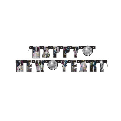 Faixa preta decorativa com letras coloridas e bolas disco prateadas a dizer HAPPY NEW YEAR