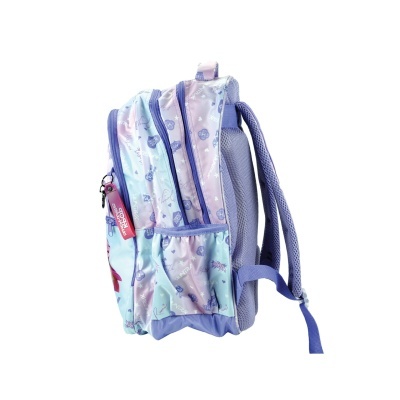 Mochila azul e lilás com fechos de correr roxos e padrão de símbolos