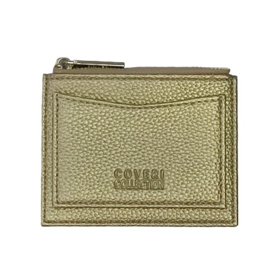 Carteira pequena dourada com textura granulada e fecho zip