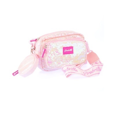 Mala rosa com lantejoulas brancas e alça rosa com texto Girabrilla