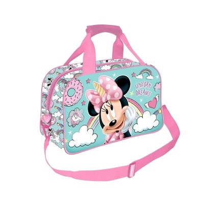 Mala infantil colorida com Minnie Mouse e motivo de nuvens e arco-íris