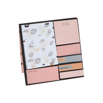 Bloco de notas autocolantes colorido com secções de organização e texto