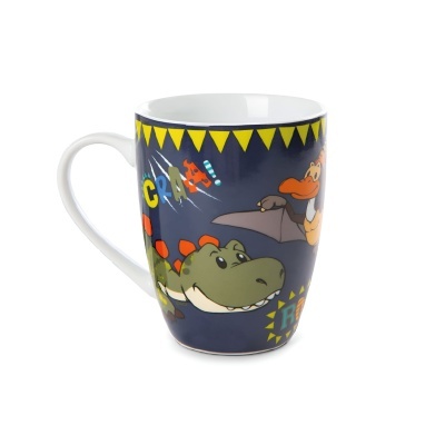 Caneca azul escura com desenhos de dinossauros e triângulos amarelos