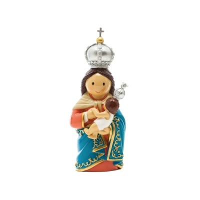 Estatueta religiosa colorida com coroa prateada e manto azul segurando um bebé