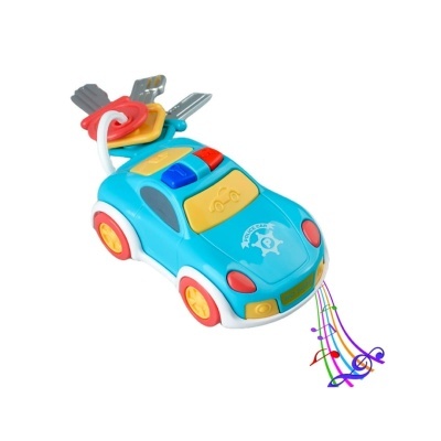 Chaveiro de brinquedo carro polícia azul com botões coloridos e rodas vermelhas e amarelas
