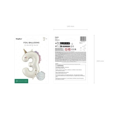 Embalagem de balão de folha branco em forma de número 3 com unicórnio